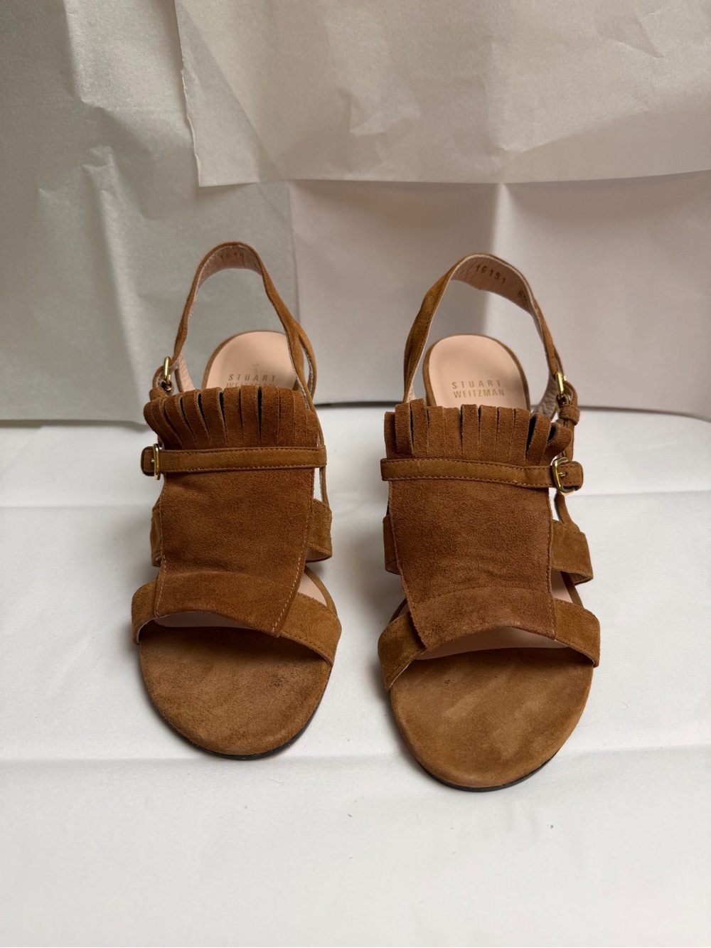 Stuart Weitzman Brown Suede Fringe Slingback Sandals
